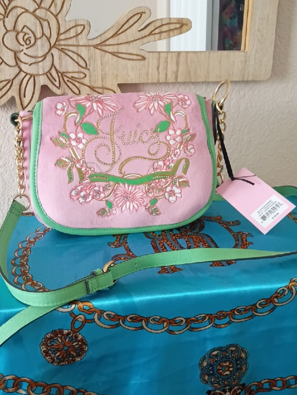 Juicy Couture Pink Floral Embroidered Crossbody with Green Trim